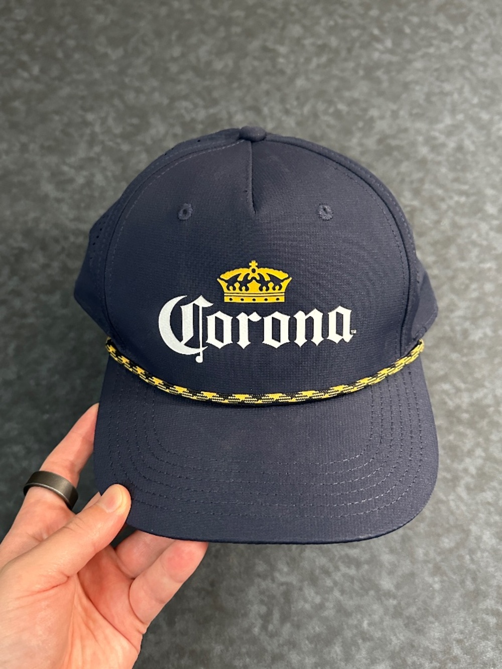 Corona Navy Blue Snapback Hat with Yellow Rope Trim